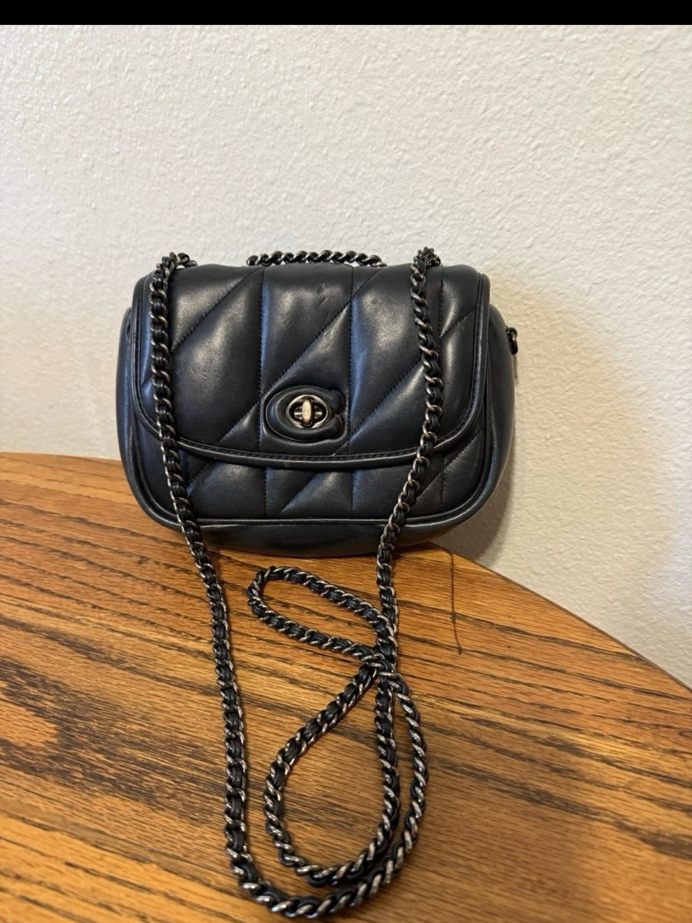 Black Quilted Coach  capsule closet old money  Bag with Chain Strap
